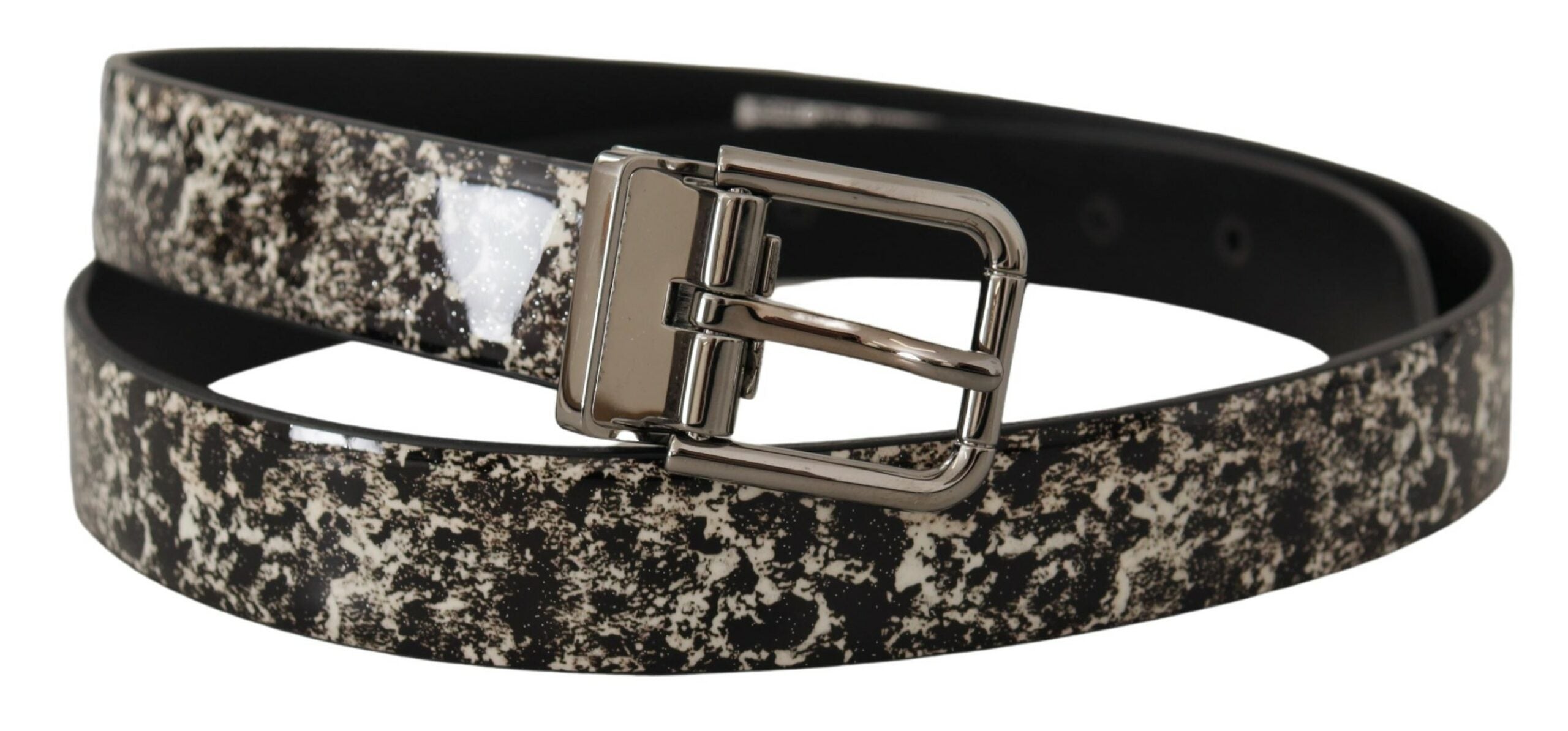 Dolce & Gabbana Schwarzer Marmor Print Leder Silberne Logoschnalle Gürtel