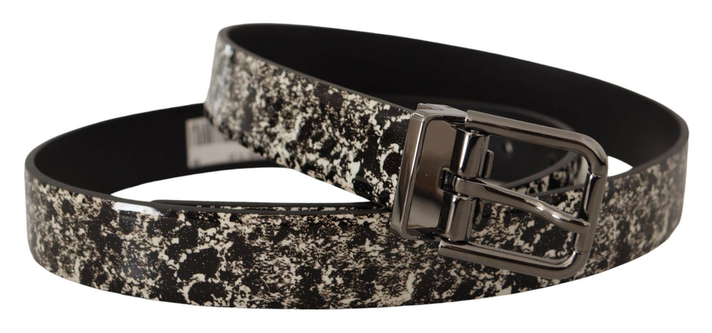 Dolce & Gabbana Black Leather Marble Belt with Grey Logo