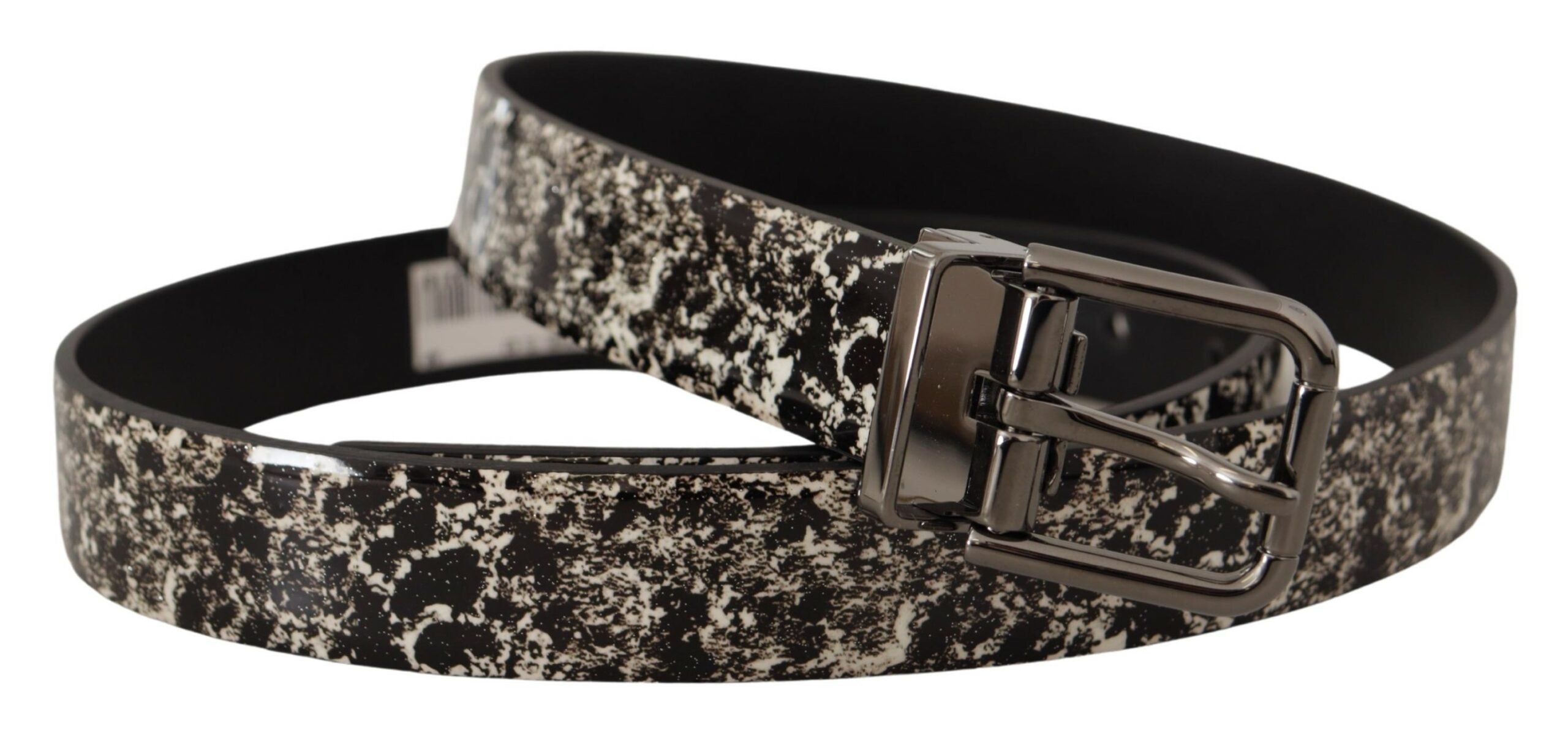 Dolce & Gabbana Black Leather Marble Belt with Grey Logo