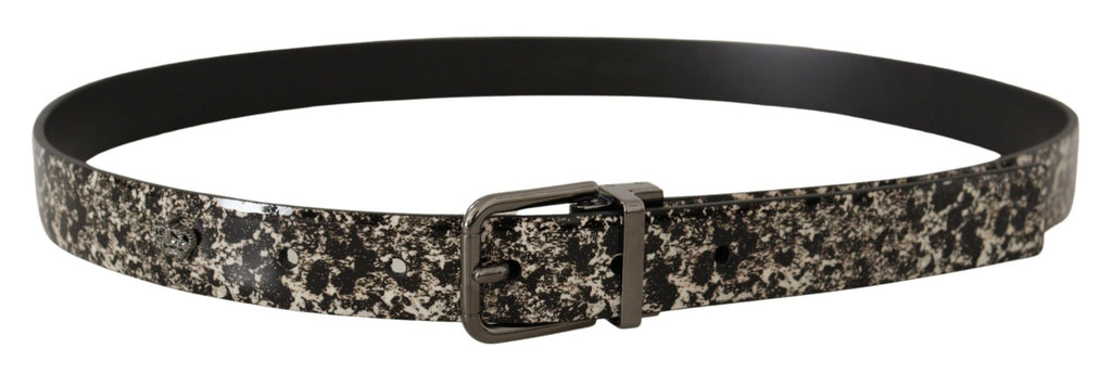 Dolce & Gabbana Black Leather Marble Belt with Grey Logo
