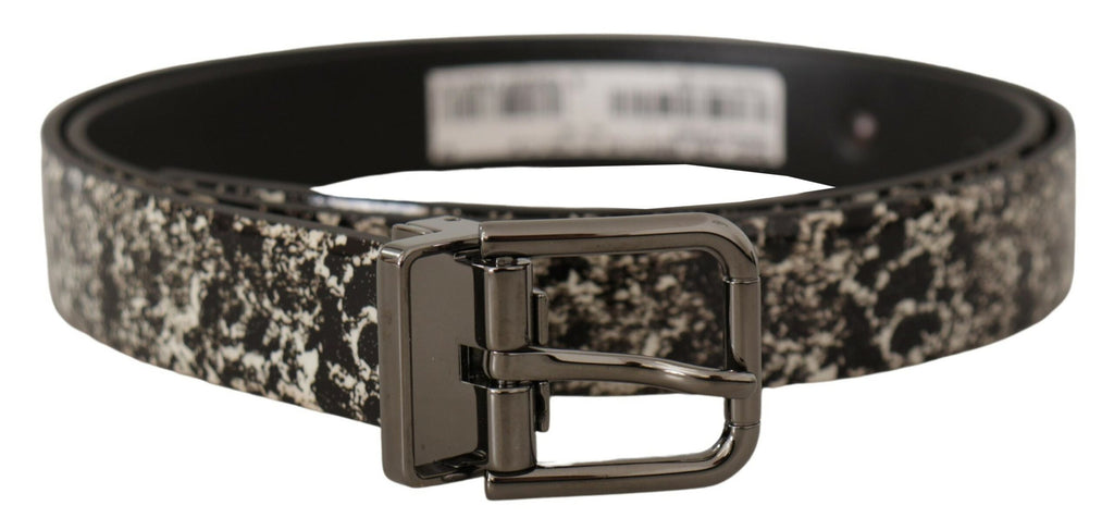 Dolce & Gabbana Black Leather Marble Belt with Grey Logo