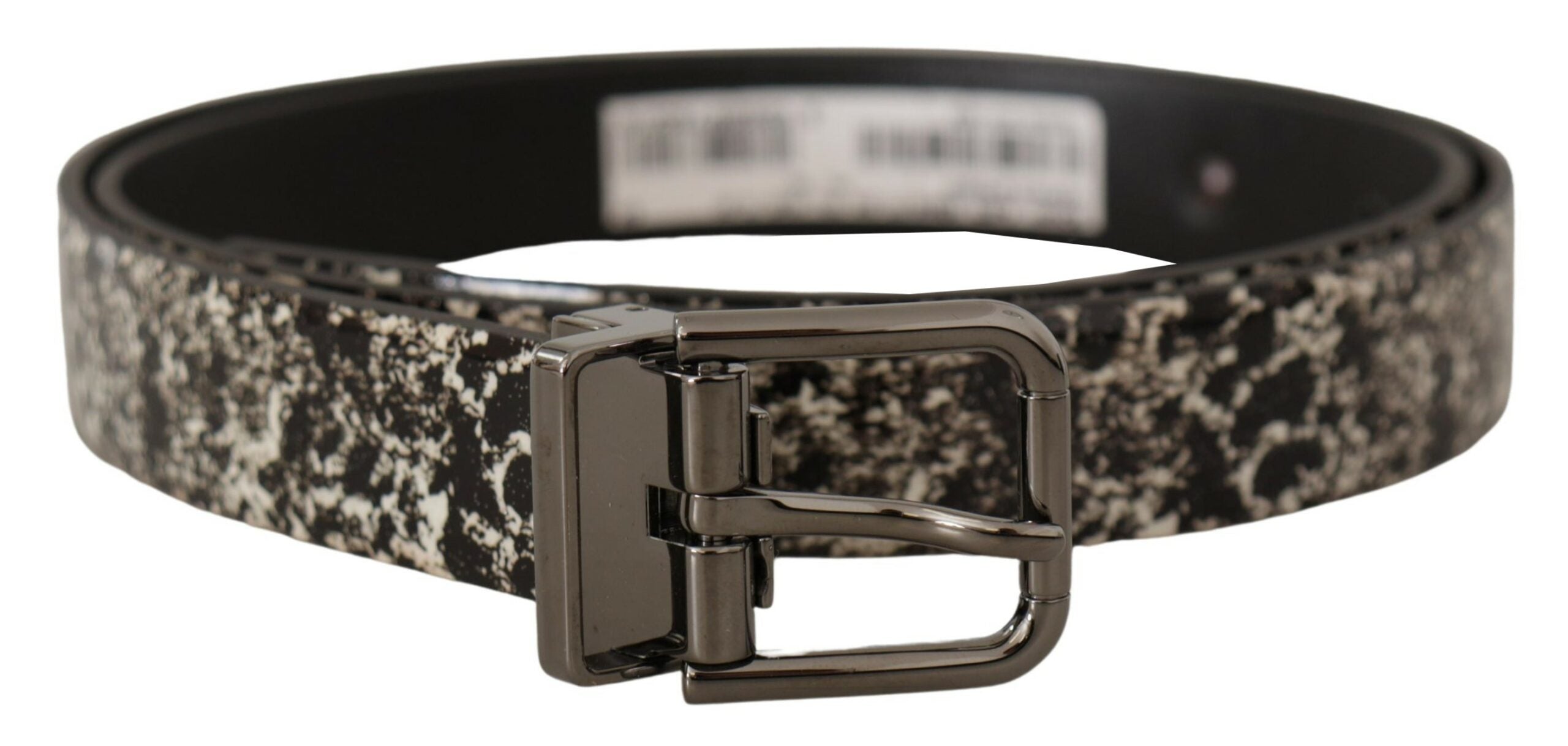 Dolce & Gabbana Black Leather Marble Belt with Grey Logo
