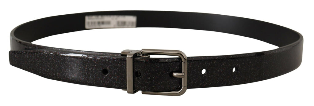 Dolce & Gabbana Schwarzer Vernice Puntinata Ledergürtel mit silberfarbenem Metall