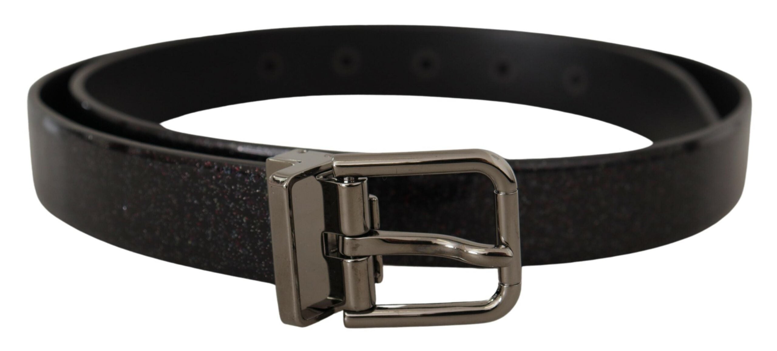 Dolce & Gabbana Schwarzer Vernice Puntinata Ledergürtel mit silberfarbenem Metall