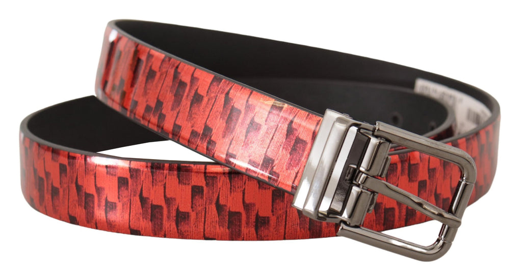 Dolce & Gabbana Red Herringbone Leather Grey Tone Buckle Belt