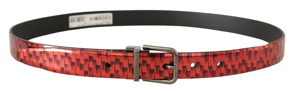 Dolce & Gabbana Red Herringbone Leather Grey Tone Buckle Belt