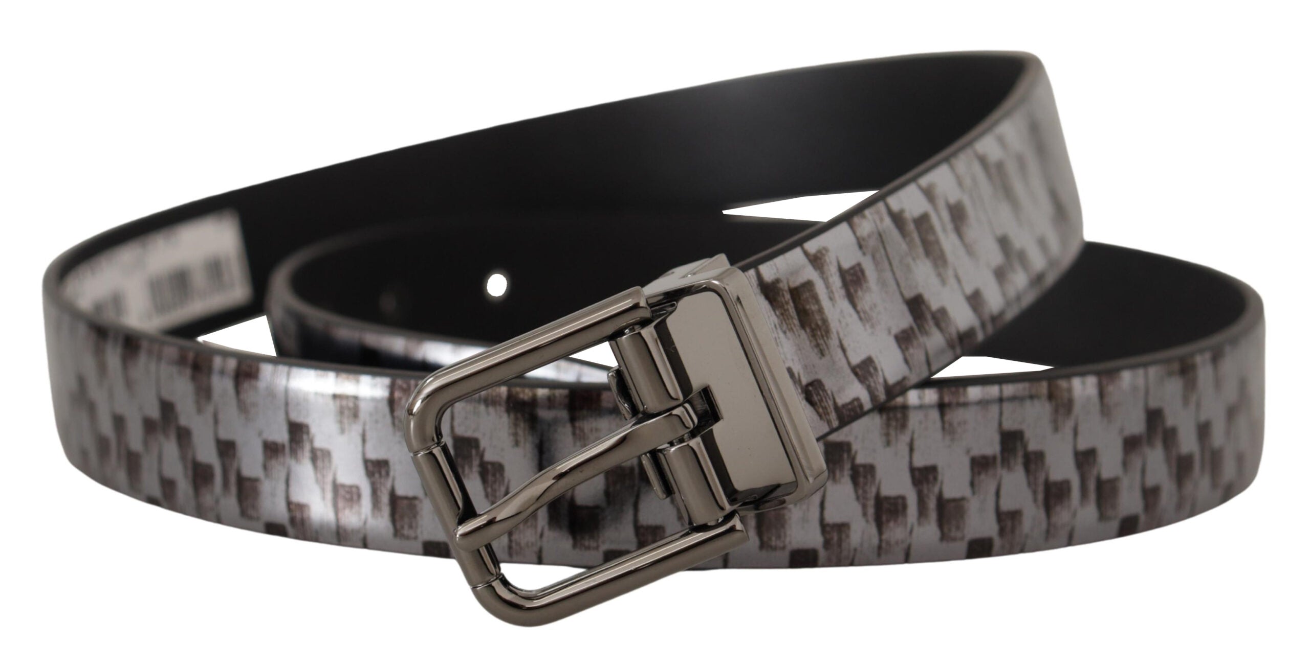 Dolce & Gabbana Grey Herringbone Leather Belt with 3D Metal Buckle