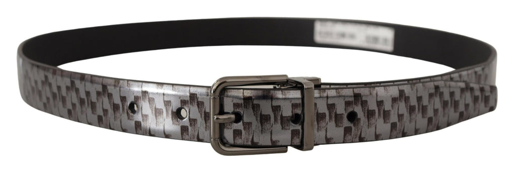 Dolce & Gabbana Grey Herringbone Leather Belt with 3D Metal Buckle
