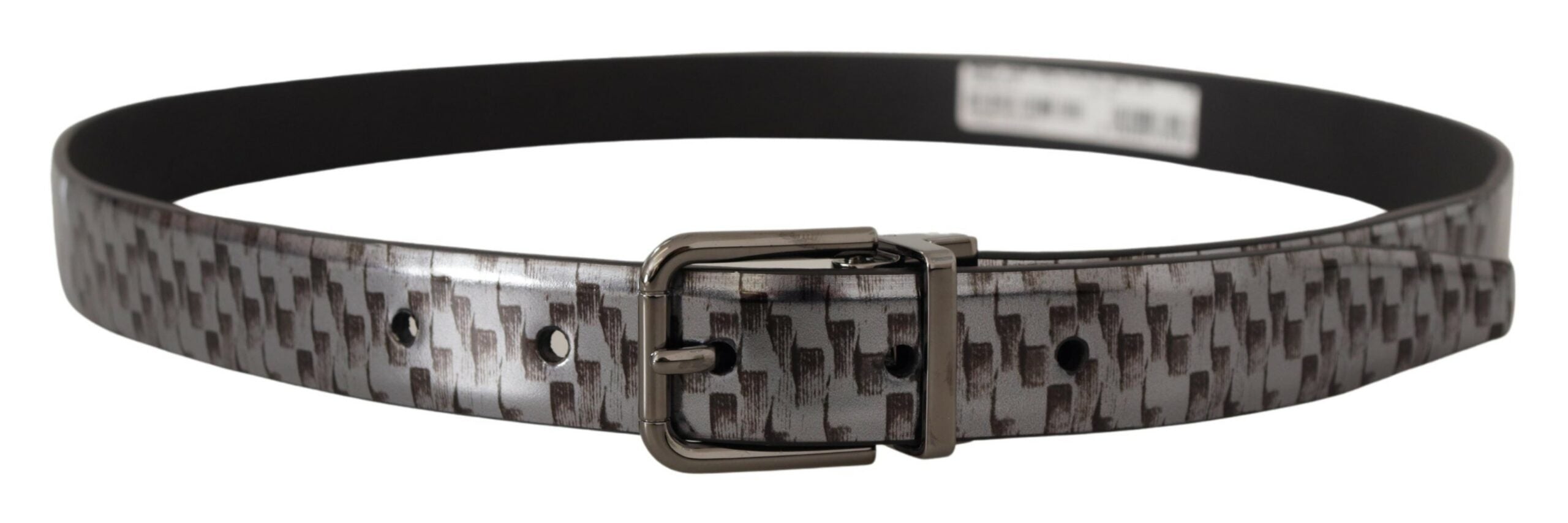 Dolce & Gabbana Grey Herringbone Leather Belt with 3D Metal Buckle