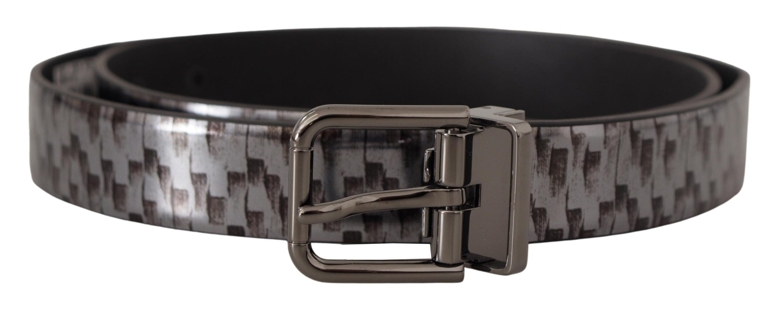 Dolce & Gabbana Grey Herringbone Leather Belt with 3D Metal Buckle