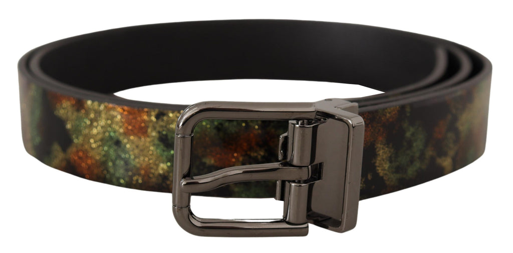 Dolce & Gabbana Schwarzes Glitzerleder Schwarzer Metallschnallengürtel