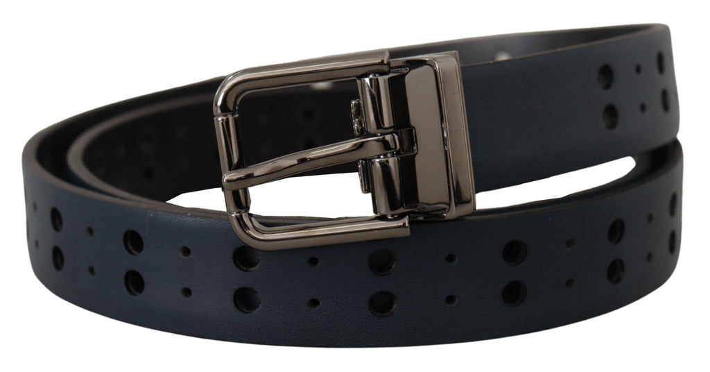 Dolce & Gabbana Blue Perforated Skinny Leather Belt with Metal Buckle