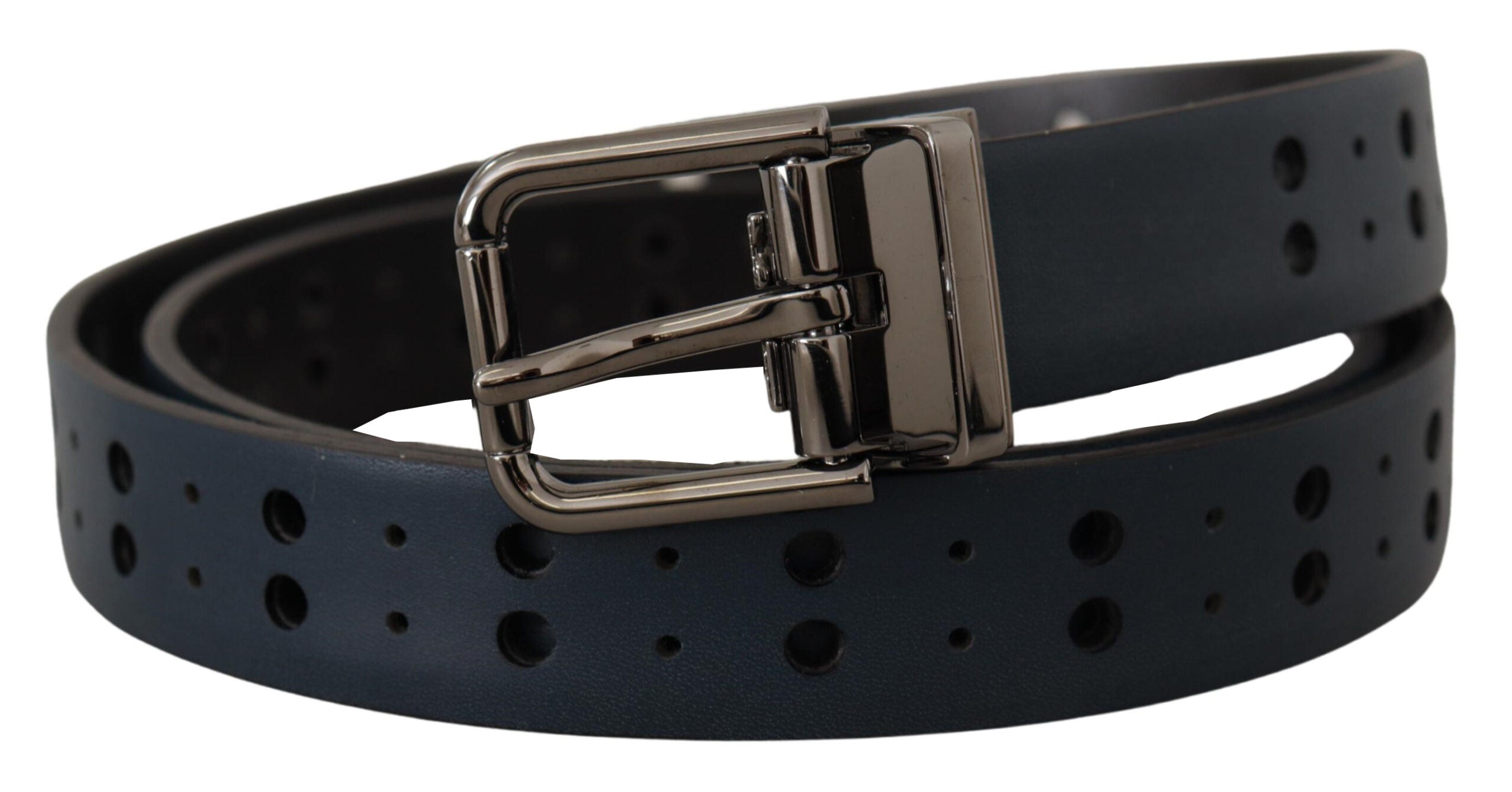 Dolce & Gabbana Blue Perforated Skinny Leather Belt with Metal Buckle