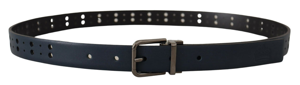 Dolce & Gabbana Blue Perforated Skinny Leather Belt with Metal Buckle