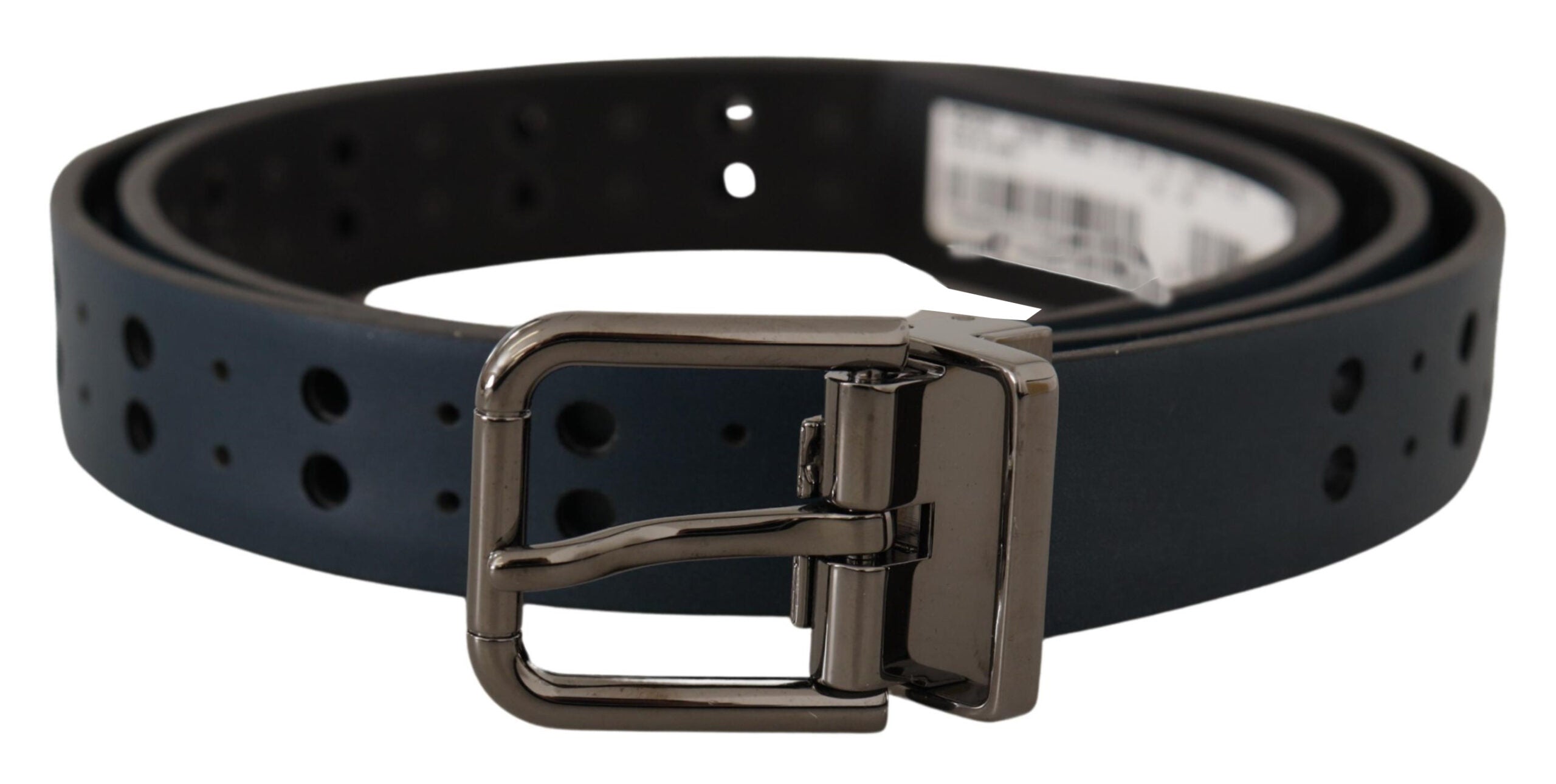 Dolce & Gabbana Blue Perforated Skinny Leather Belt with Metal Buckle