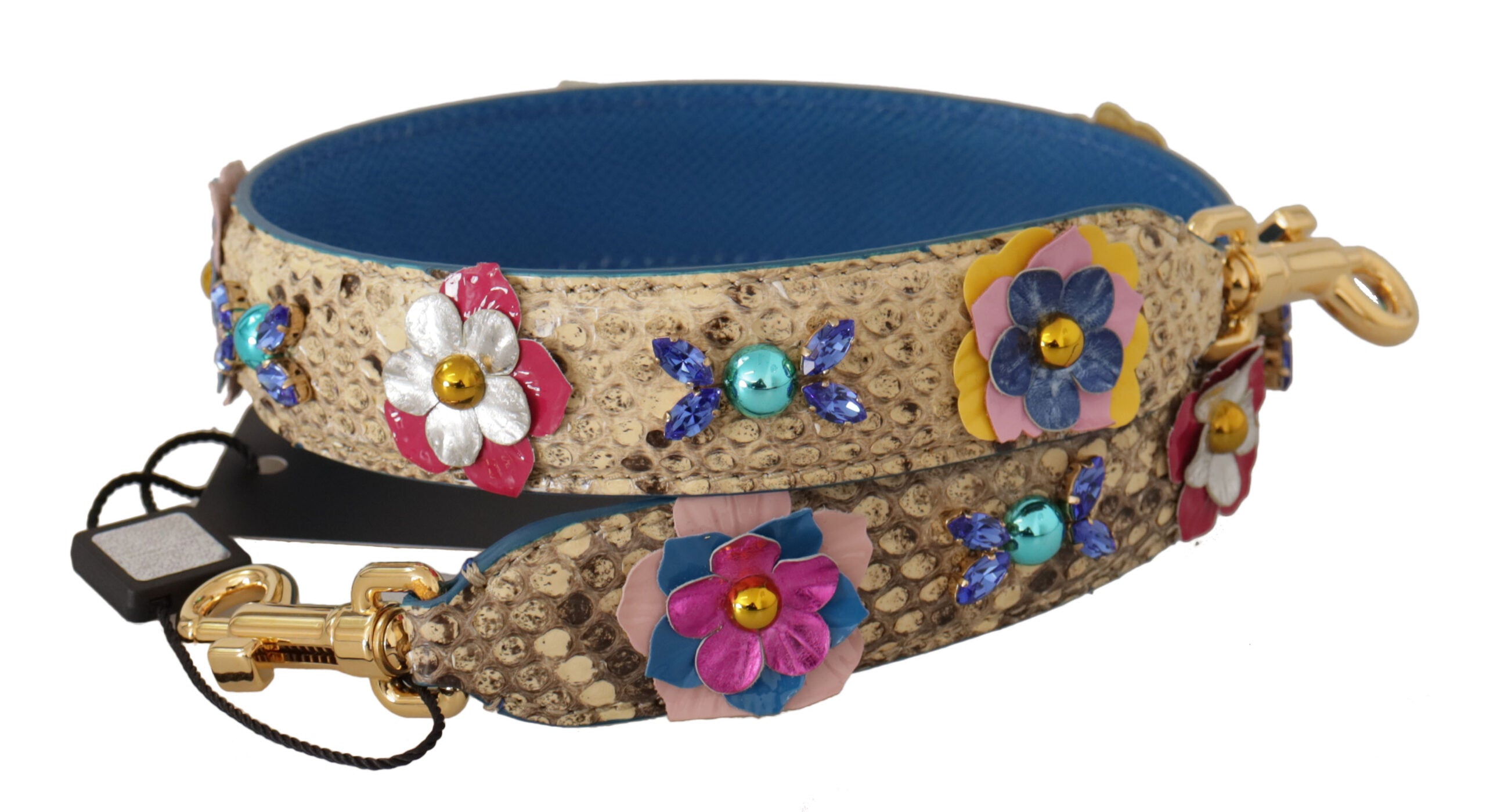 Dolce & Gabbana Beigefarbener Pythonleder-Schulterriemen mit floralen Nieten