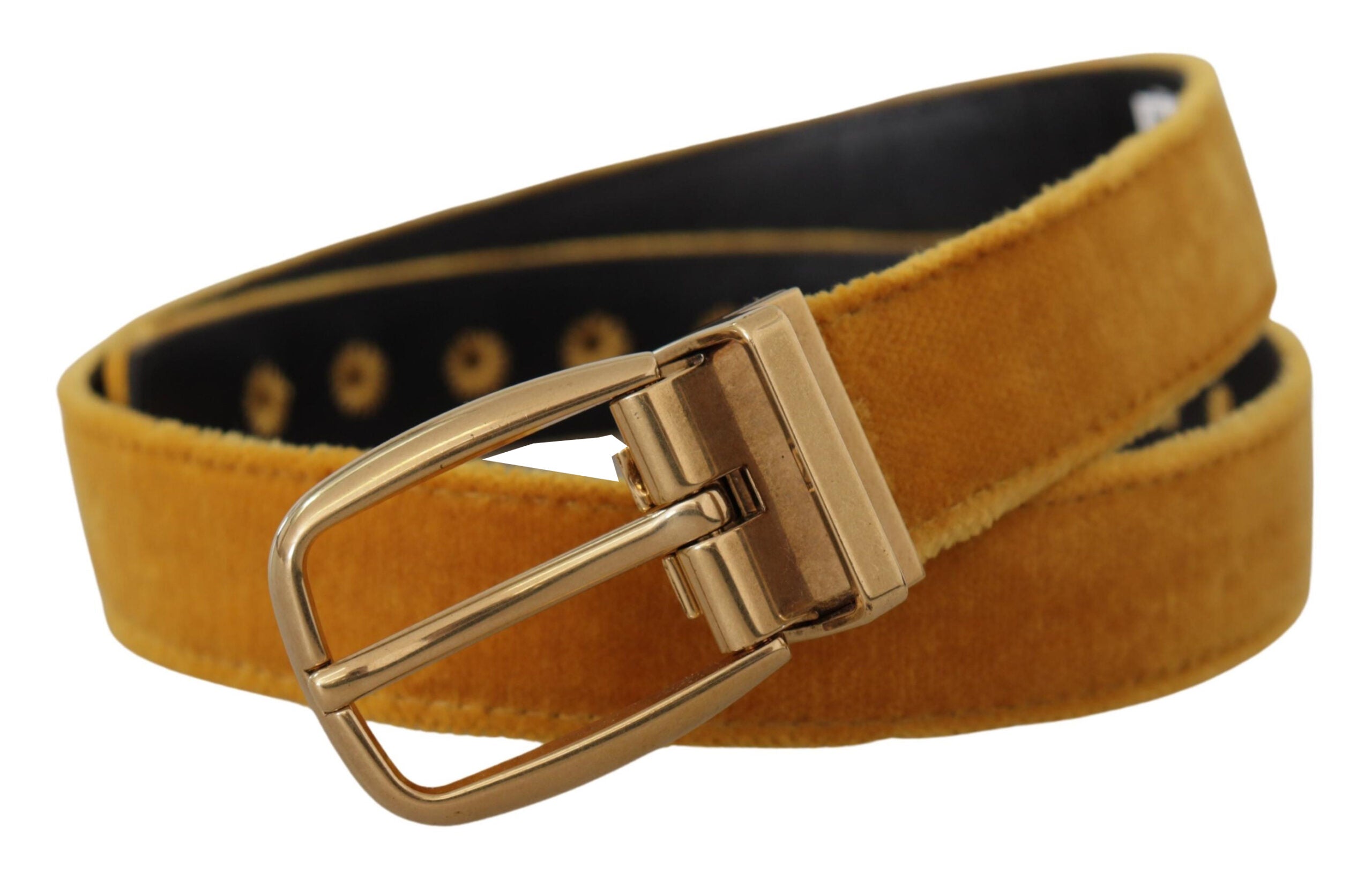 Dolce & Gabbana Mustard Yellow Velvet Belt with Engraved Logo and Metal Buckle