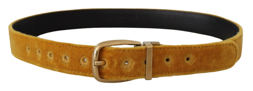 Dolce & Gabbana Mustard Yellow Velvet Belt with Engraved Logo and Metal Buckle