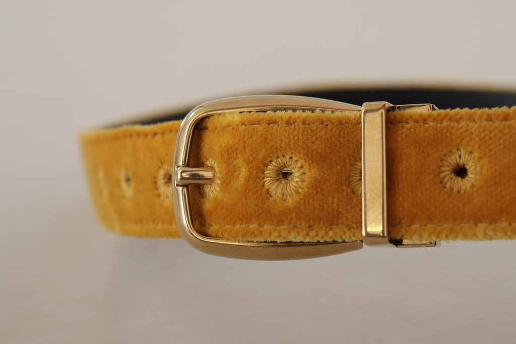 Dolce & Gabbana Mustard Yellow Velvet Belt with Engraved Logo and Metal Buckle
