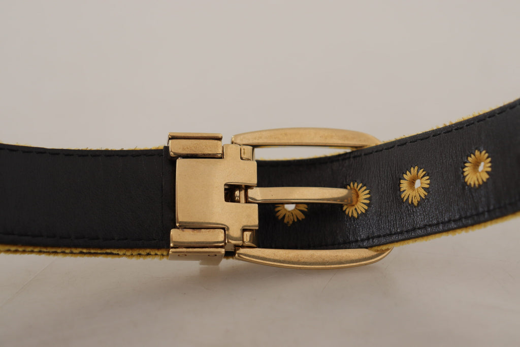 Dolce & Gabbana Mustard Yellow Velvet Belt with Engraved Logo and Metal Buckle