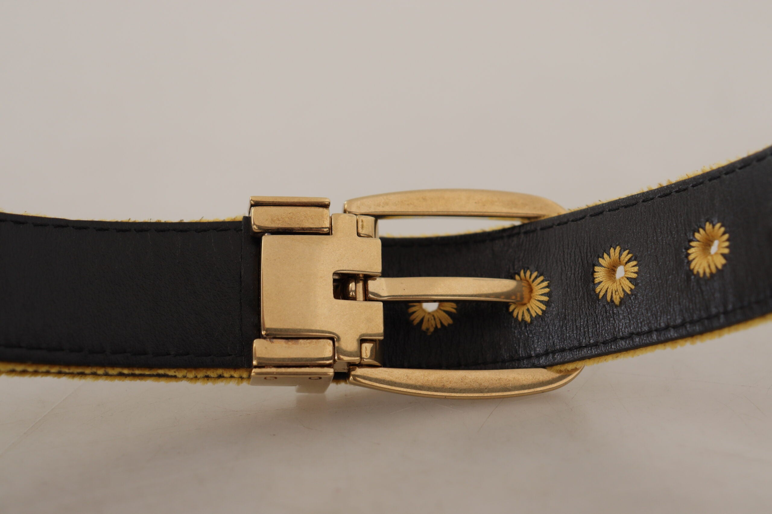 Dolce & Gabbana Mustard Yellow Velvet Belt with Engraved Logo and Metal Buckle