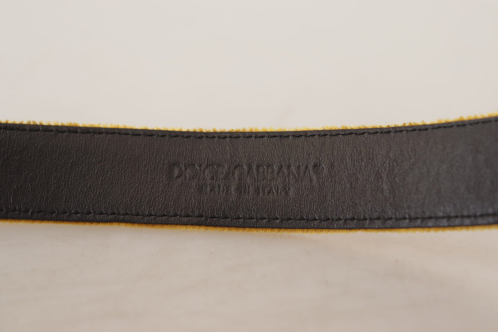 Dolce & Gabbana Mustard Yellow Velvet Belt with Engraved Logo and Metal Buckle
