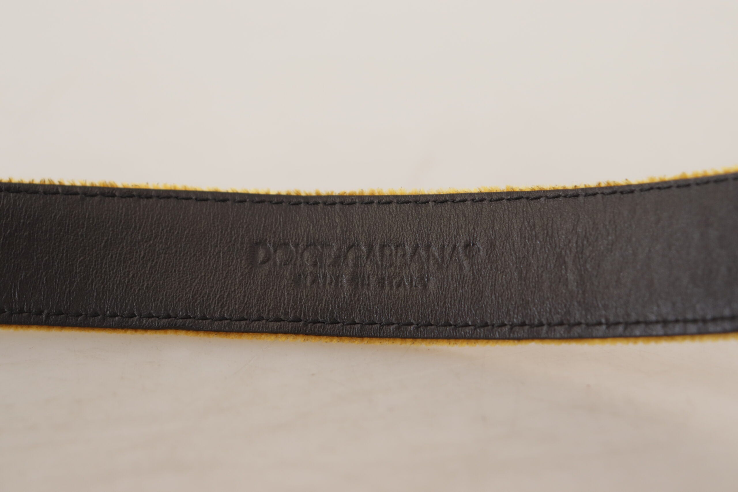 Dolce & Gabbana Mustard Yellow Velvet Belt with Engraved Logo and Metal Buckle