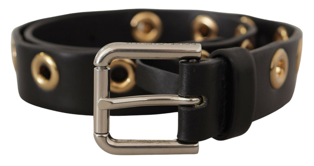 Dolce & Gabbana Black Leather Eyelet Belt with Silver-Tone Metal Buckle