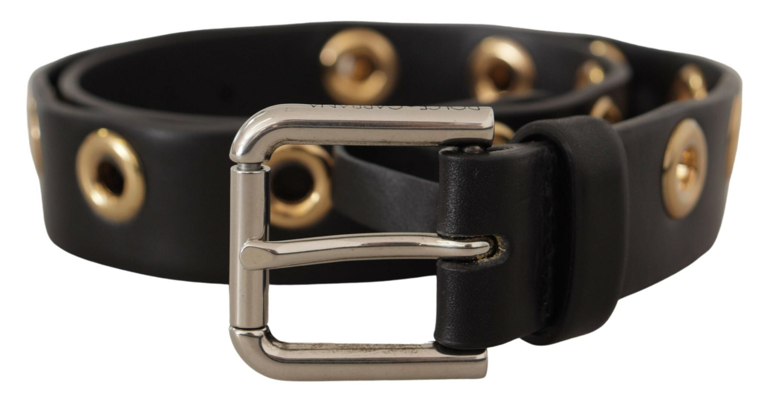 Dolce & Gabbana Black Leather Eyelet Belt with Silver-Tone Metal Buckle