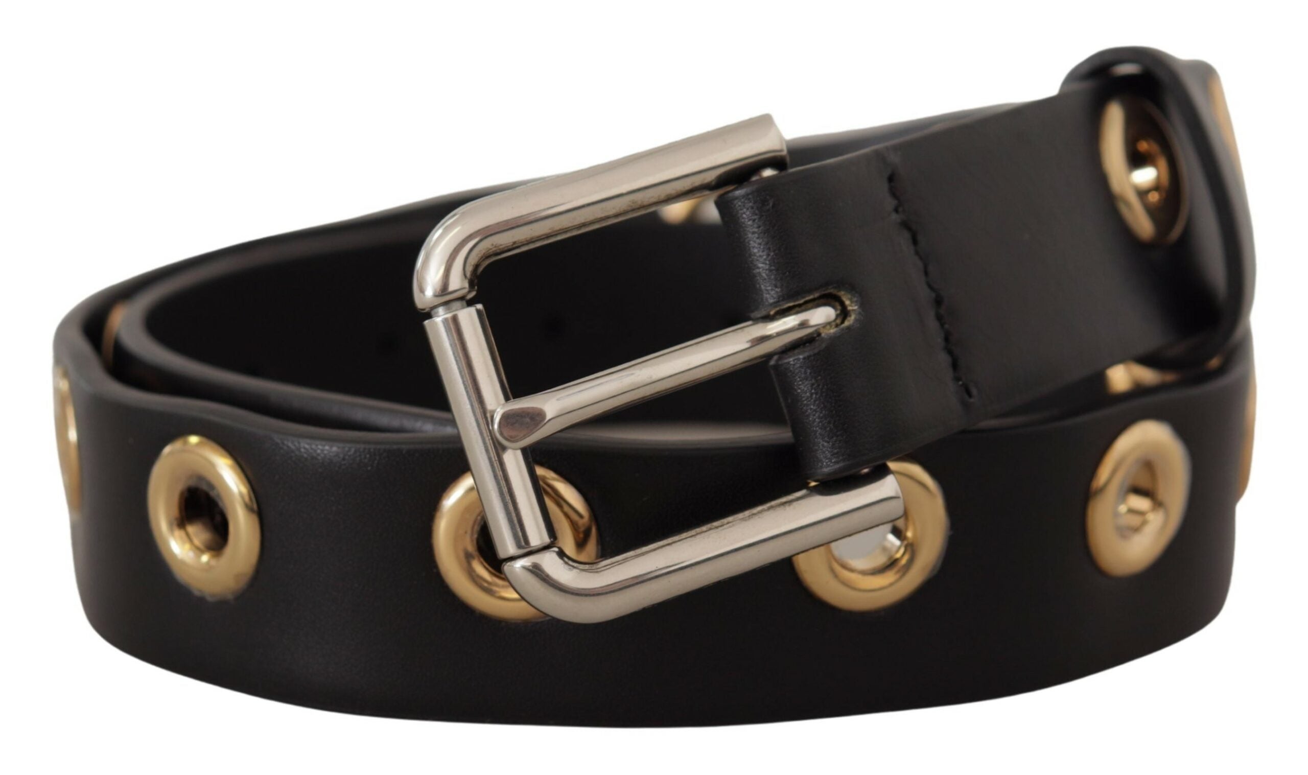 Dolce & Gabbana Black Leather Eyelet Belt with Silver-Tone Metal Buckle