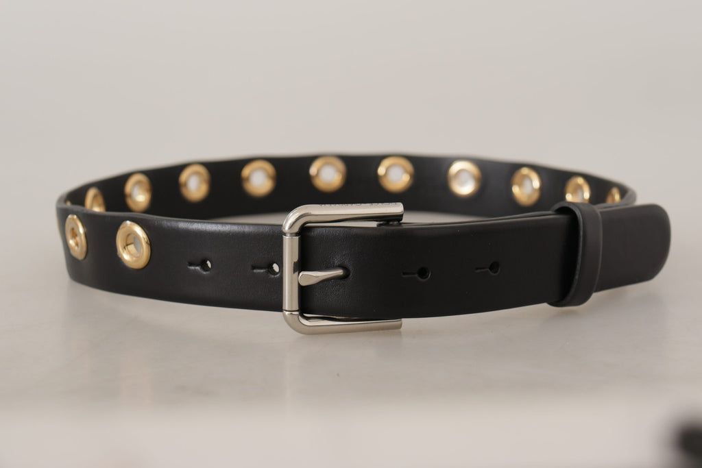 Dolce & Gabbana Black Leather Eyelet Belt with Silver-Tone Metal Buckle