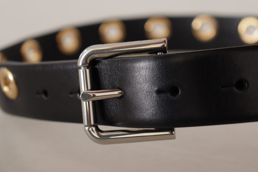 Dolce & Gabbana Black Leather Eyelet Belt with Silver-Tone Metal Buckle