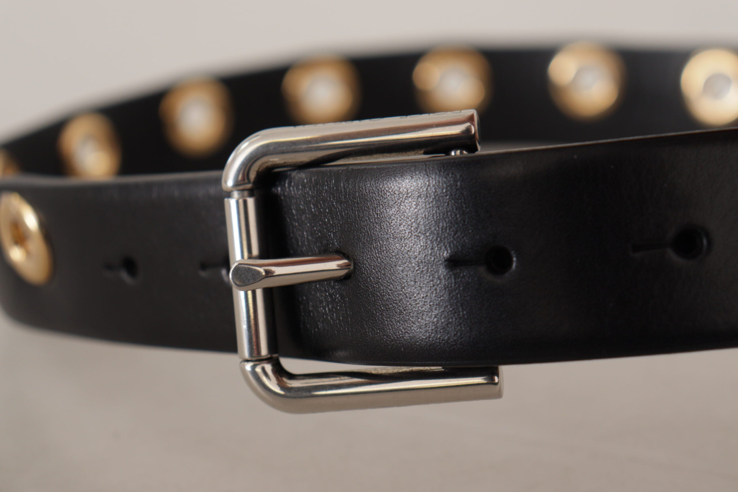 Dolce & Gabbana Black Leather Eyelet Belt with Silver-Tone Metal Buckle