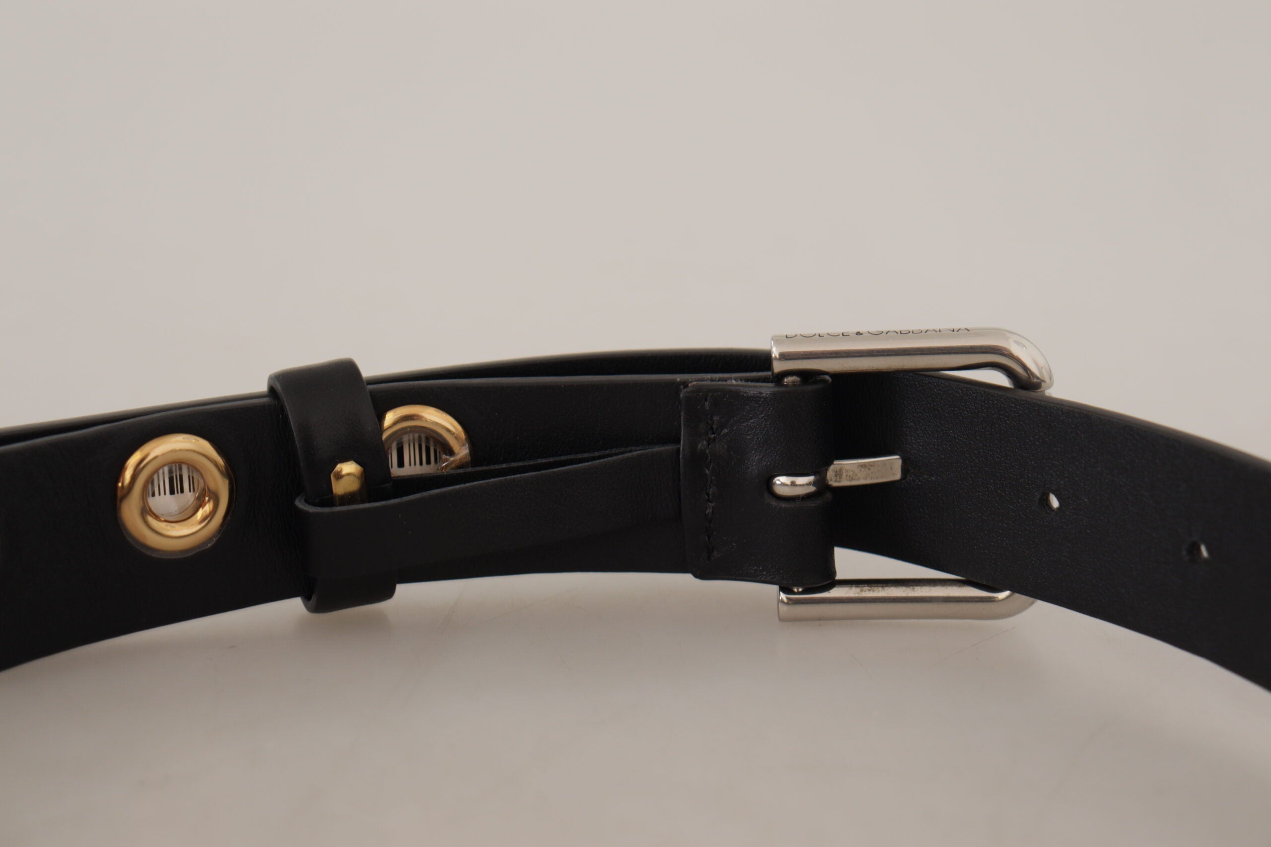 Dolce & Gabbana Black Leather Eyelet Belt with Silver-Tone Metal Buckle