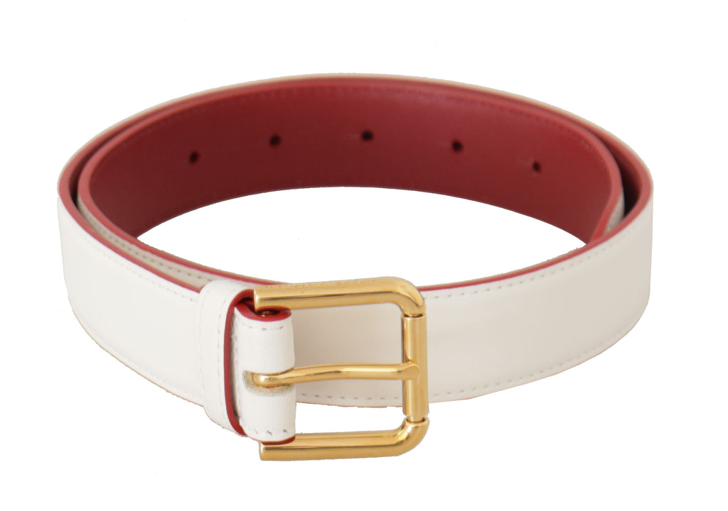 Dolce & Gabbana White Calfskin Two-Tone Belt with Gold-Tone Metal Buckle