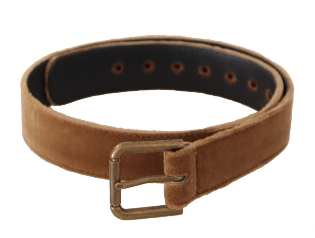 Dolce & Gabbana Brauner Samt Bronze Vintage Logo Metallschnalle Gürtel