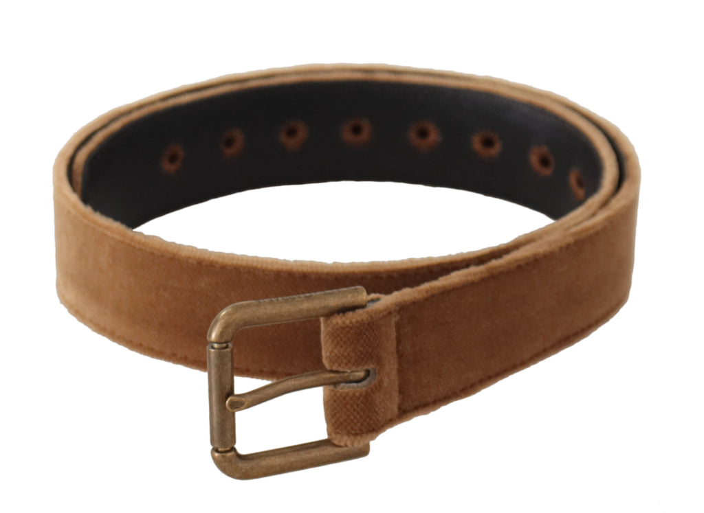 Dolce & Gabbana Brauner Samt Bronze Vintage Logo Metallschnalle Gürtel