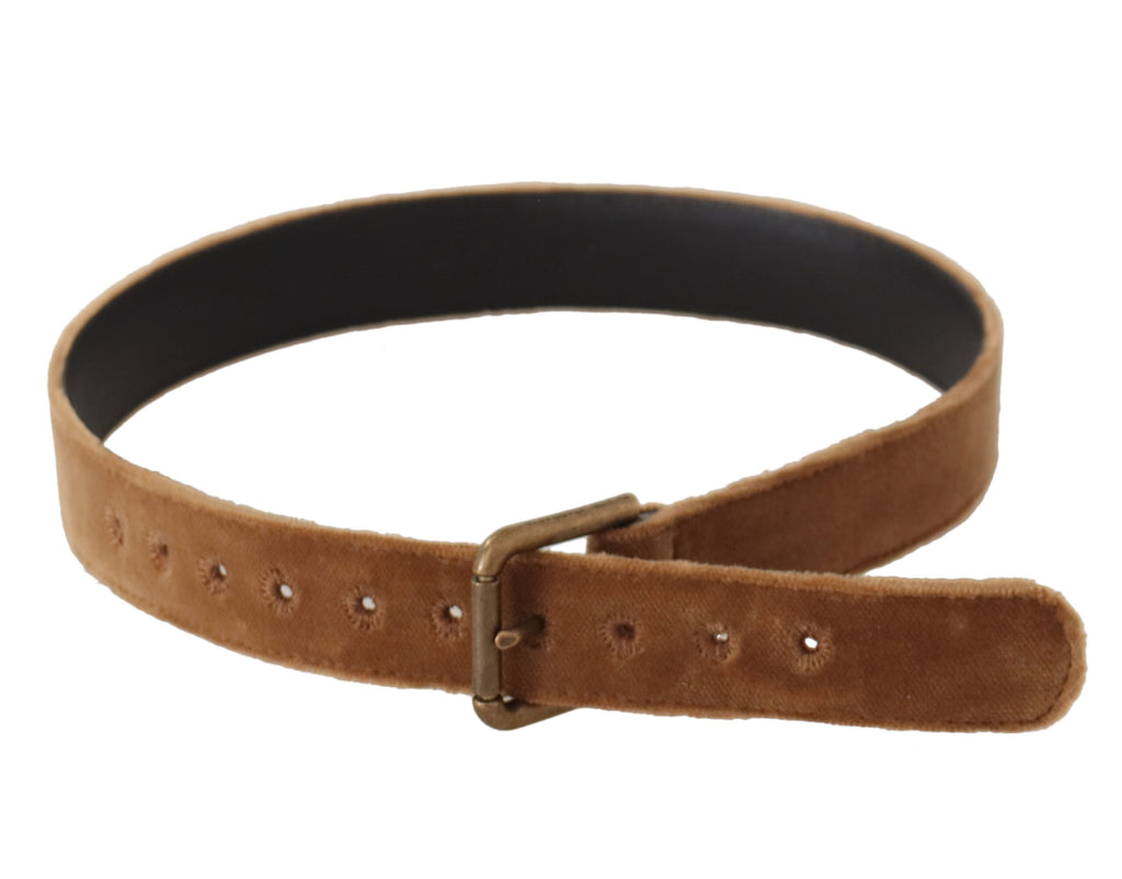 Dolce & Gabbana Brauner Samt Bronze Vintage Logo Metallschnalle Gürtel