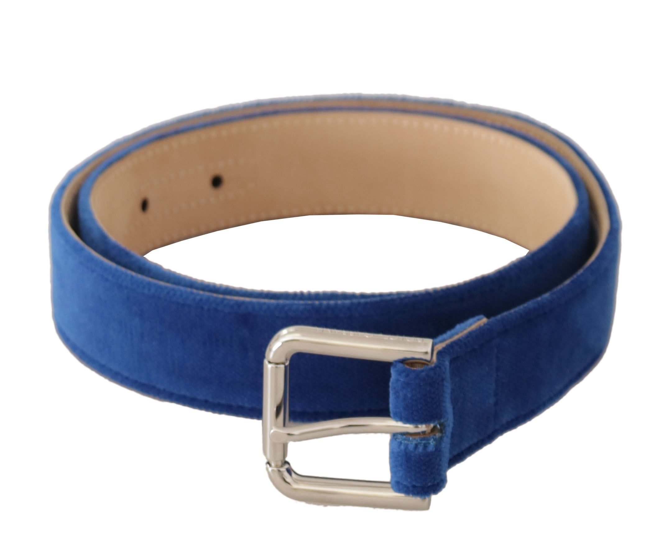 Dolce & Gabbana Blauer Samt Silber Logo gravierte Metallschnalle Gürtel