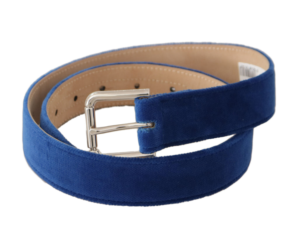 Dolce & Gabbana Blauer Samt Silber Logo gravierte Metallschnalle Gürtel