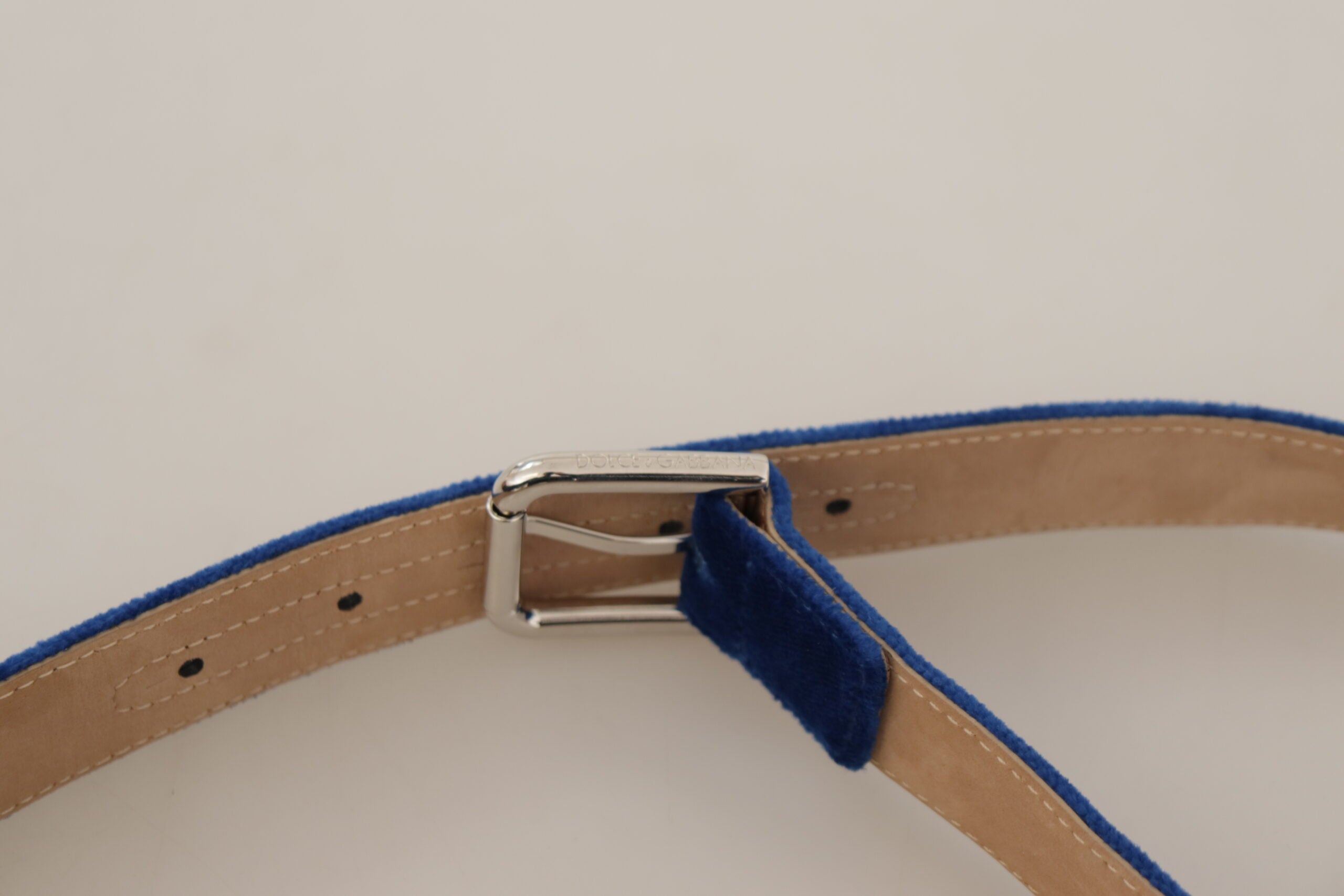 Dolce & Gabbana Blauer Samt Silber Logo gravierte Metallschnalle Gürtel