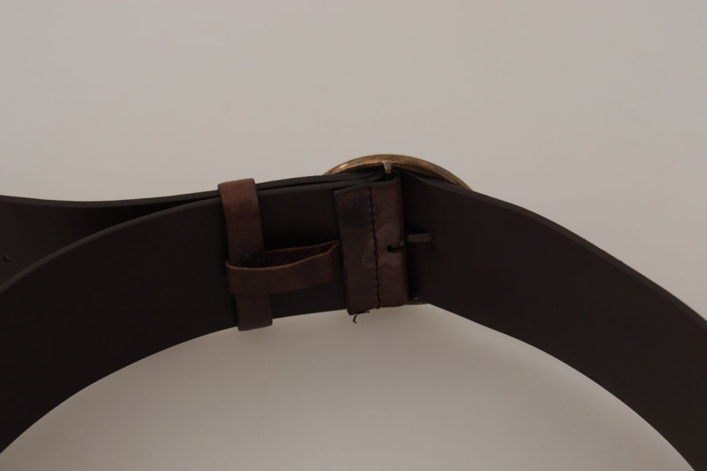 Dolce & Gabbana Dark Brown Wide Calfskin Logo Belt with Round Buckle