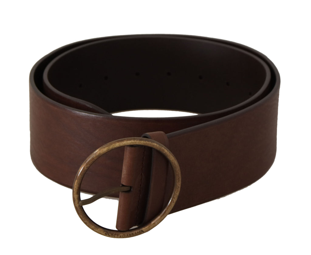Dolce & Gabbana Brown Wide Leather Belt with Logo and Round Metal Buckle