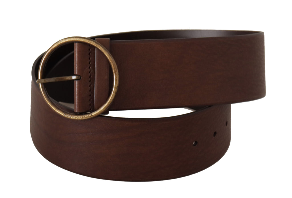 Dolce & Gabbana Brown Wide Leather Belt with Logo and Round Metal Buckle