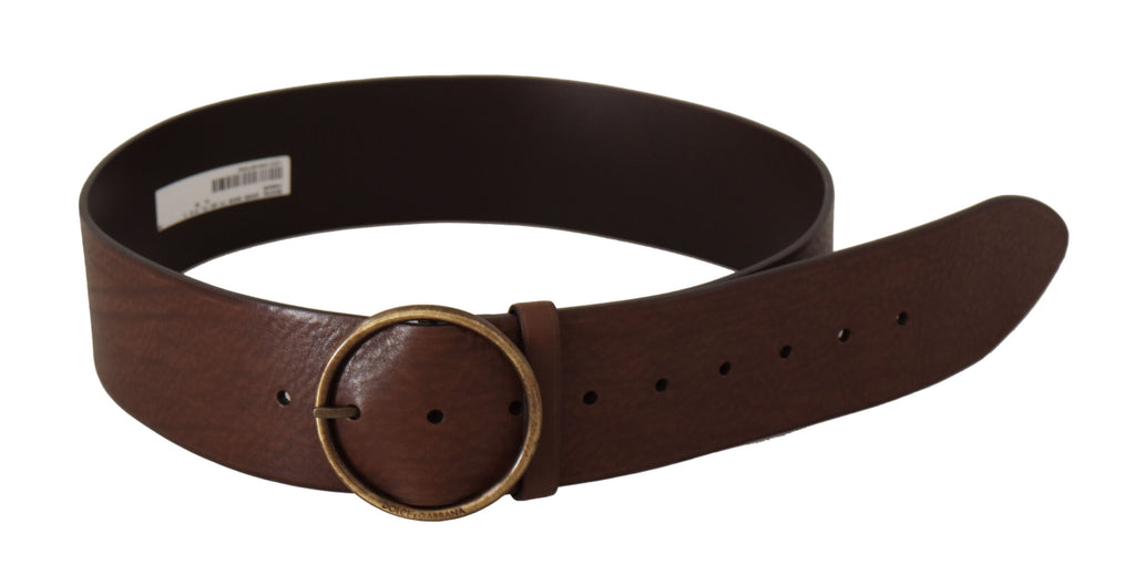 Dolce & Gabbana Brown Wide Leather Belt with Logo and Round Metal Buckle