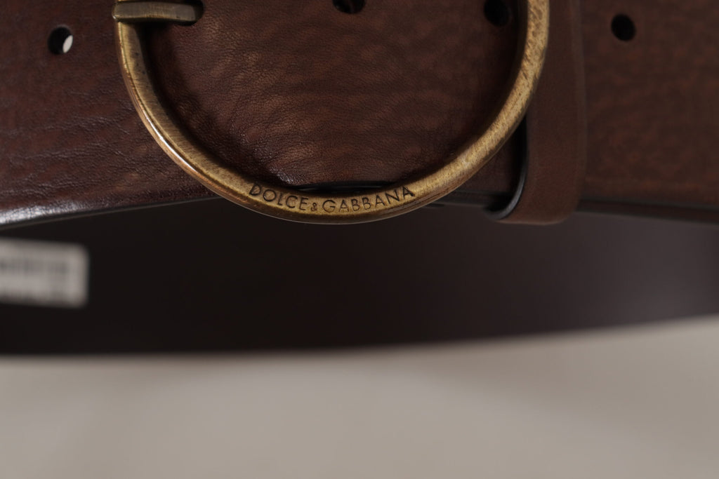 Dolce & Gabbana Brown Wide Leather Belt with Logo and Round Metal Buckle