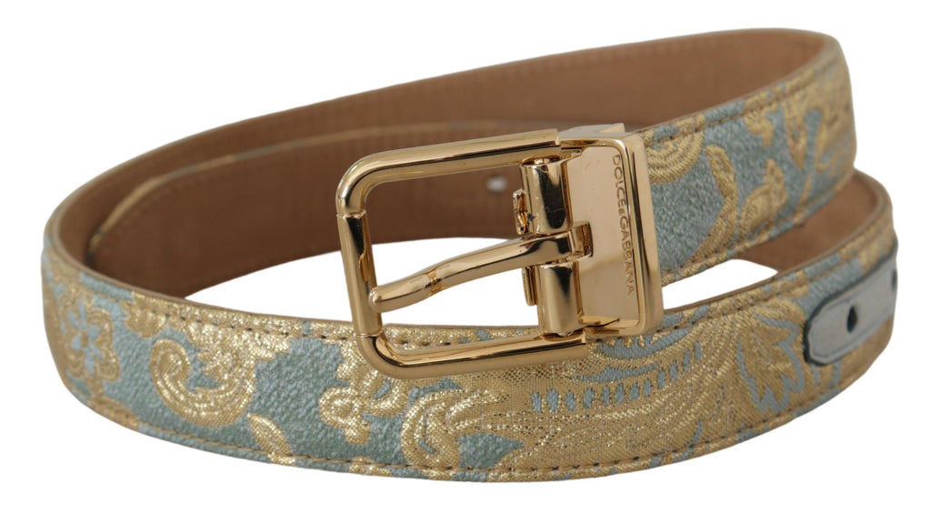 Dolce & Gabbana Blue Leather Jacquard Belt with Embossed Gold Metal Buckle
