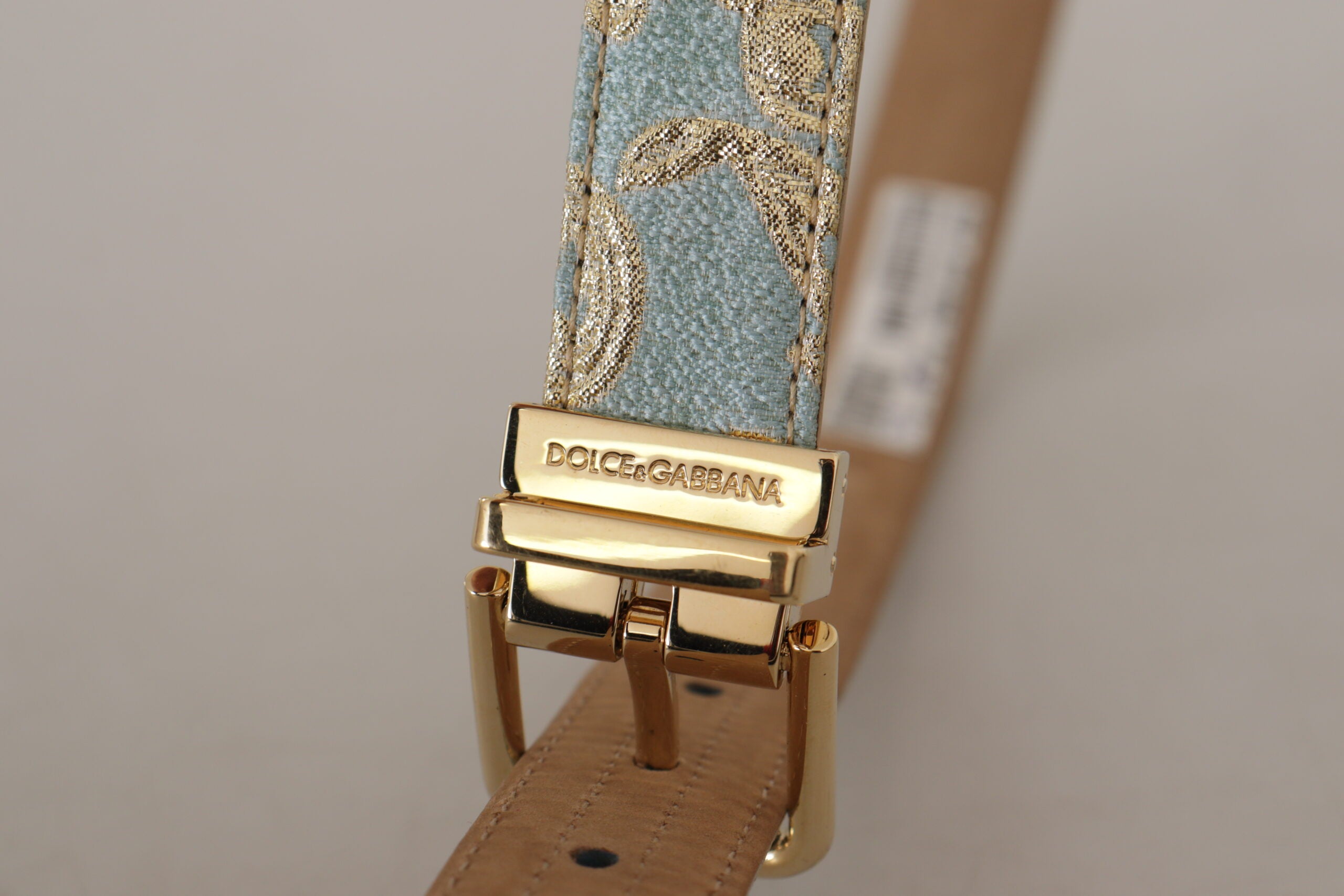Dolce & Gabbana Blue Leather Jacquard Belt with Embossed Gold Metal Buckle