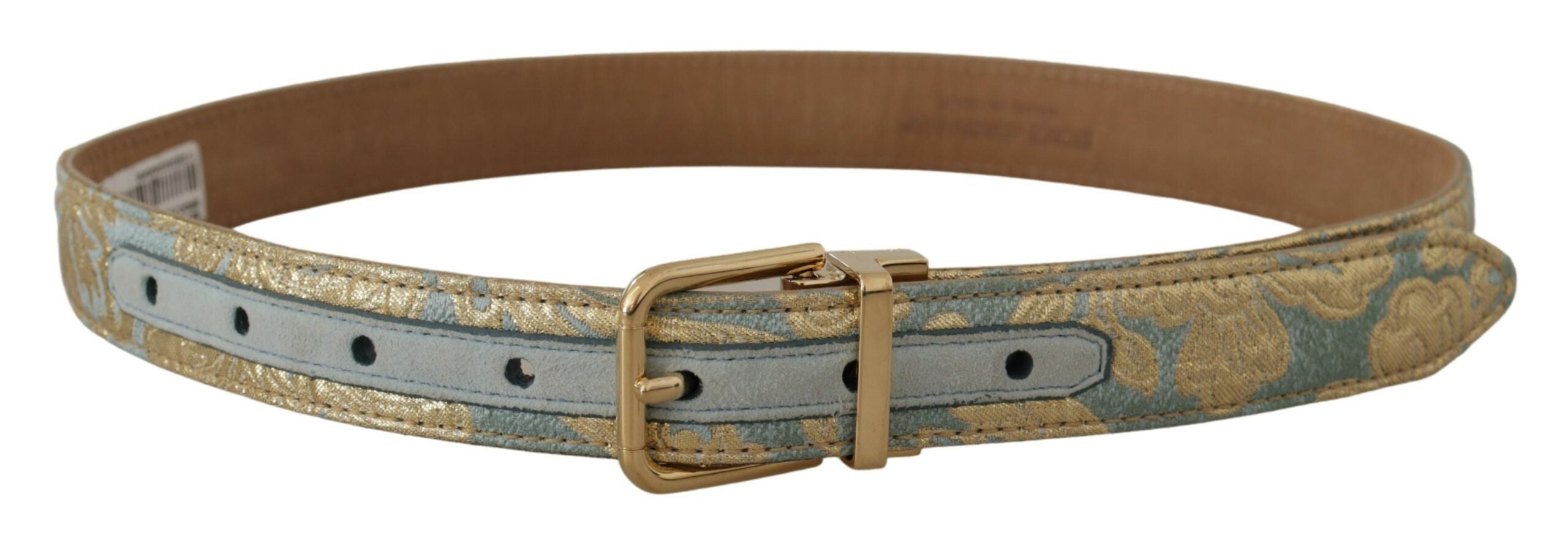 Dolce & Gabbana Blue Leather Jacquard Belt with Embossed Gold Metal Buckle