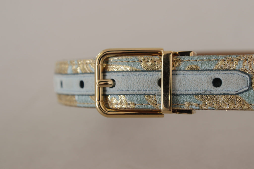 Dolce & Gabbana Blue Leather Jacquard Belt with Embossed Gold Metal Buckle